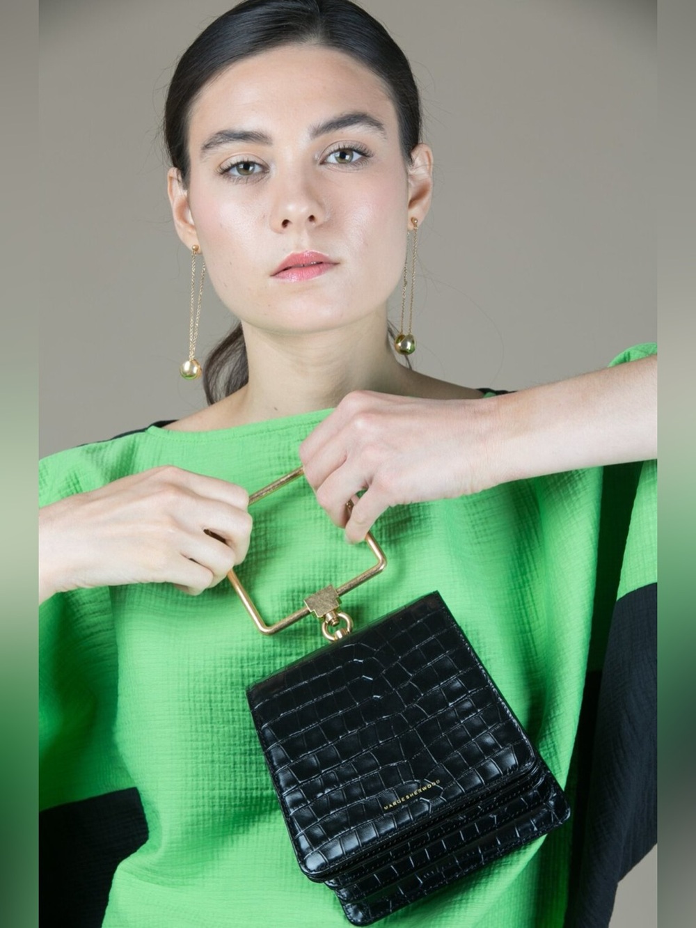 Marge Sherwood - Black Croc-Embossed Structured Mini Handbag with Square Handle